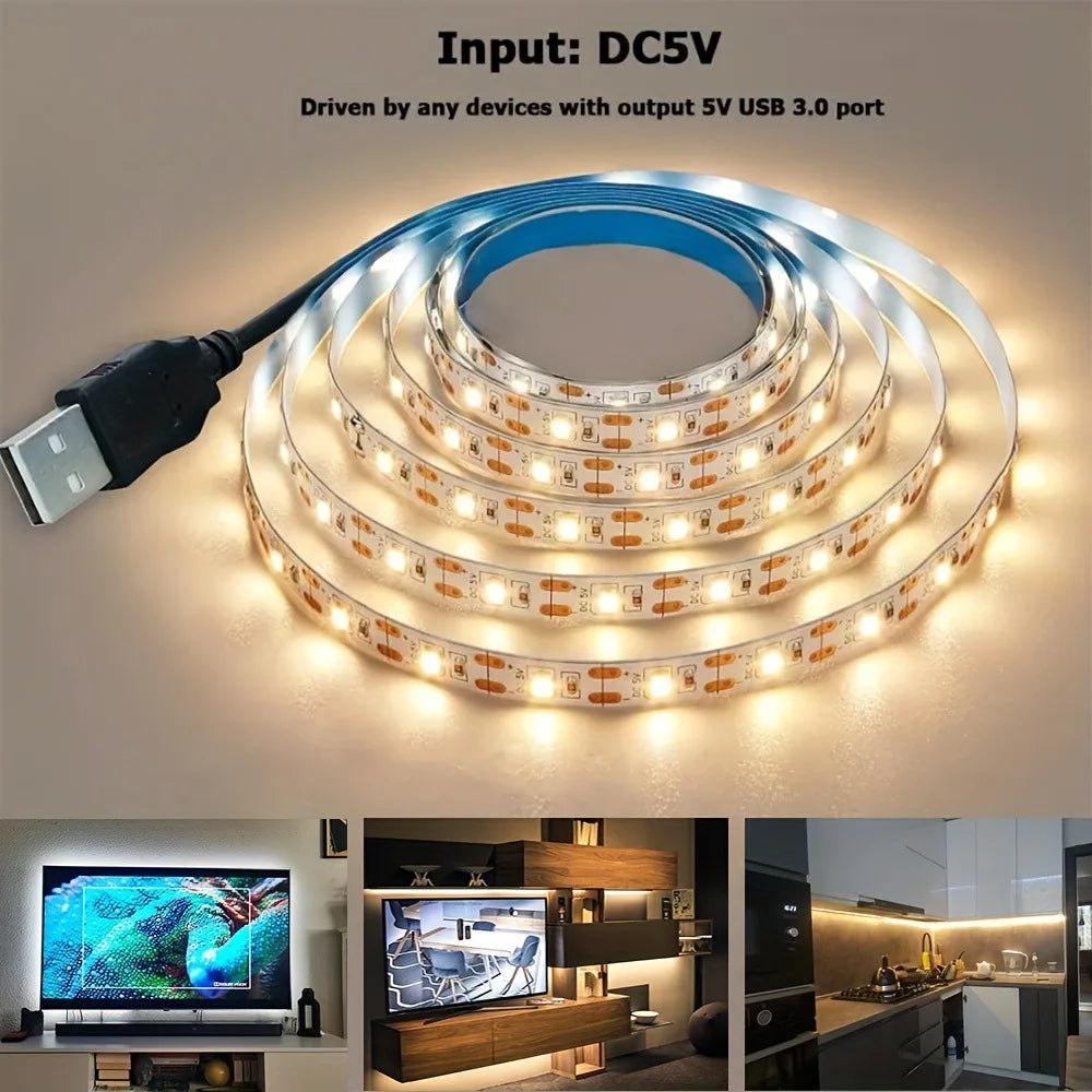 DC 5V USB LED Strip Lights - 2835 SMD Warm White/White, Flexible TV Backlighting, Home Decoration, DIY Lighting Tape