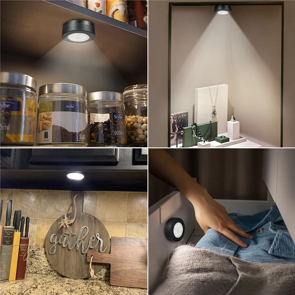 1-6Pcs Black CCT Round LED Under Cabinet Closet Light Furniture Dimmable Wardrobe Lamp Warmwhite White 3000-6500K Remote Control