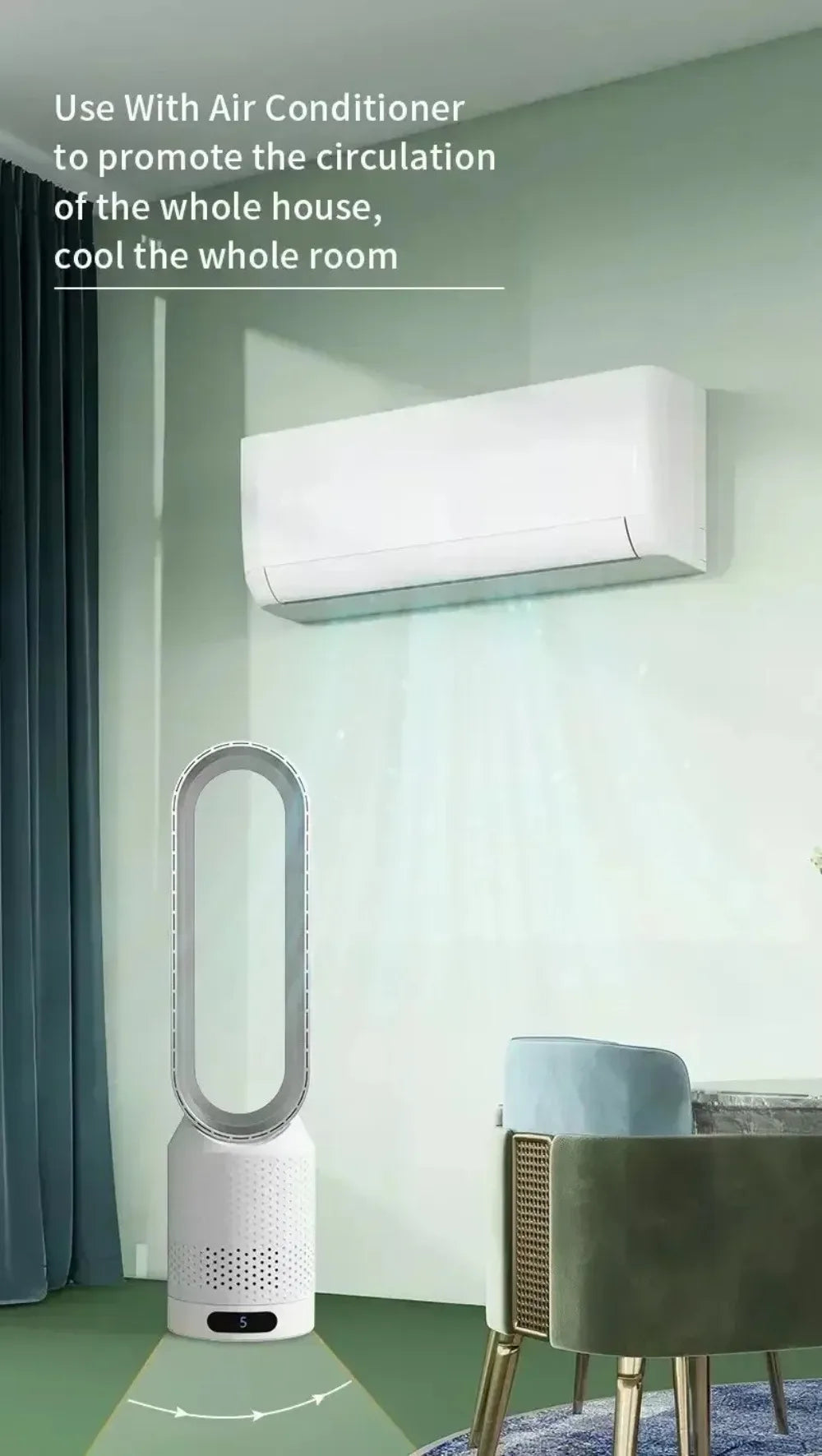 Smart Bladeless Fan with Remote Control 8 Gear Wind Speed Intelligent Timing 90° Oscillating Quiet Cooling Fan for Home Office