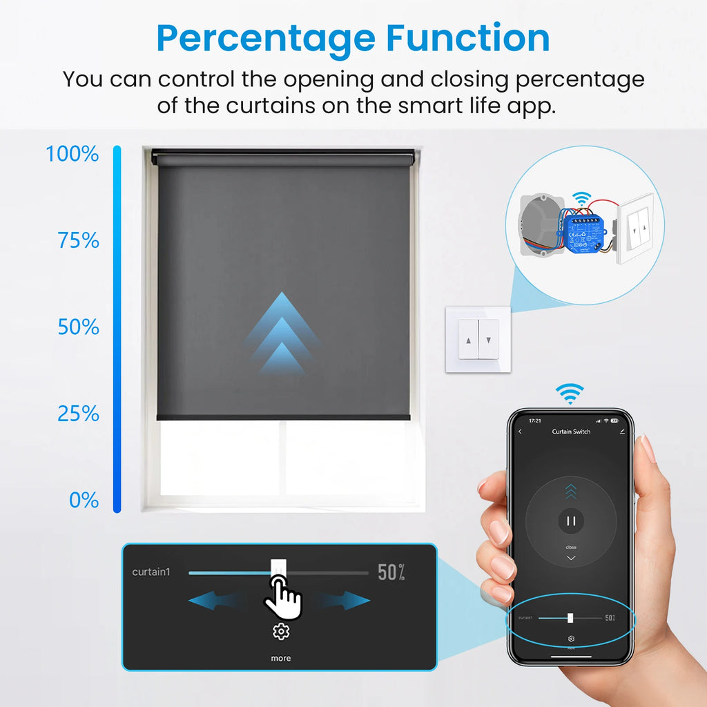 Wireless Roller Shutter Blinds Switch for Tubular Motors Percentage Progress Tuya Smart Life App Remote Control Google Assistant