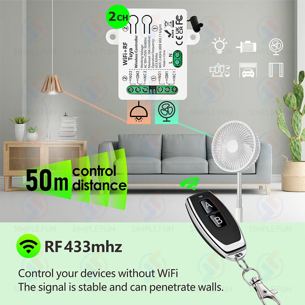 Tuya WiFi RF 433Mhz Smart Light Switch Motor Switch AC 110V 220V 230V 10A 2CH Support Alexa Google Home,for Lamp Garage Door