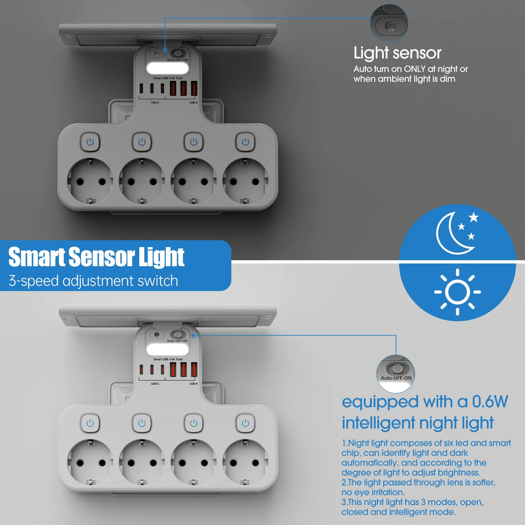 4000W Eu Plug Power Strip Multifunction Socket Smart Night Light Independent Switch European Standard Outlet with USB C Ports