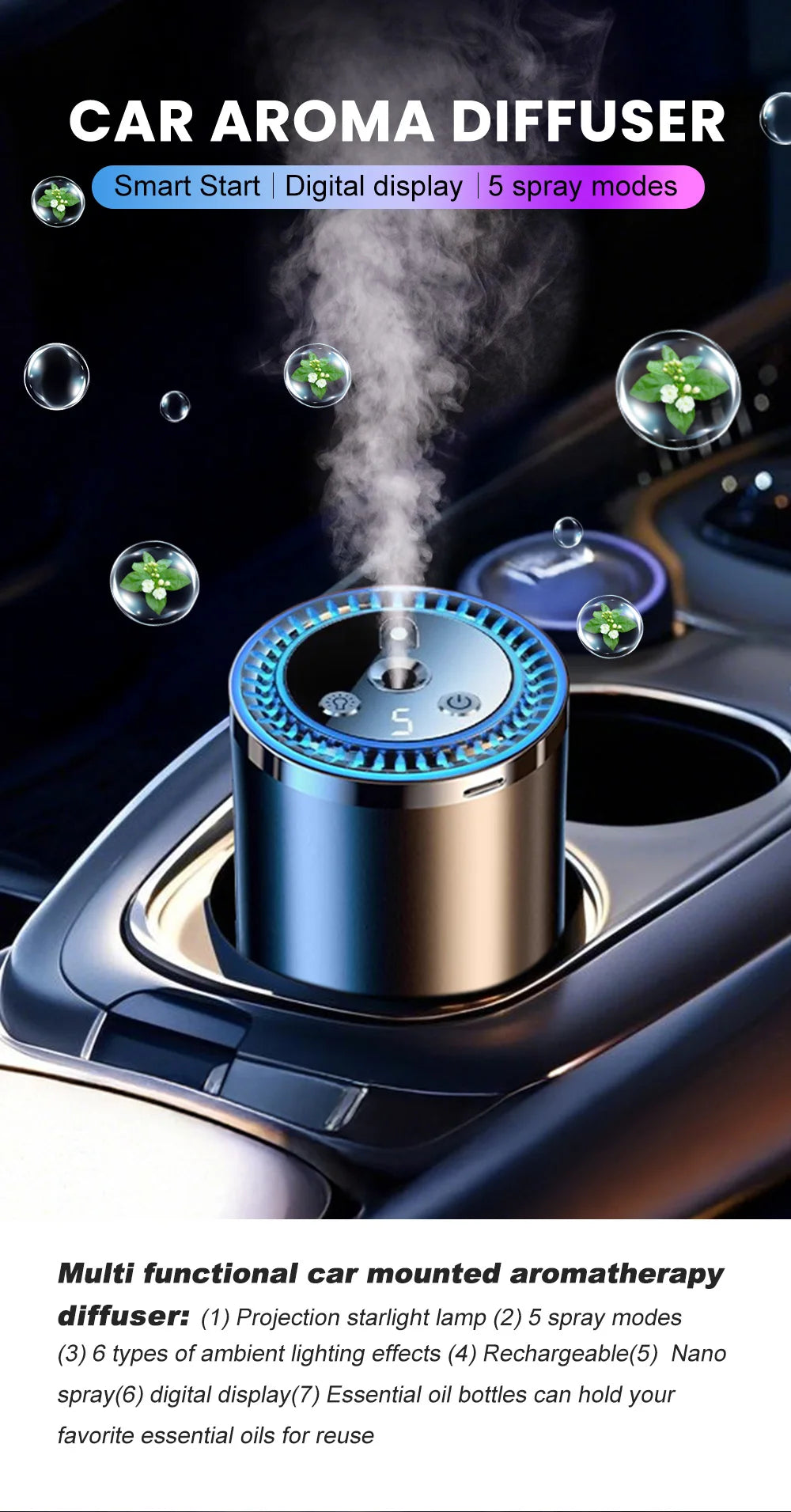 Rechargeable car aroma diffuser, aromatic essential oil, colorful lights, romantic starry sky lights, bedroom gift