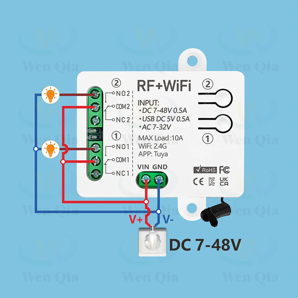 2CH Smart Light Switch Tuya,WiFi & RF Remote Control Module,USB 5V DC 12V 24V 48V,work with Alexa Google Home,for Lamp Fan Motor