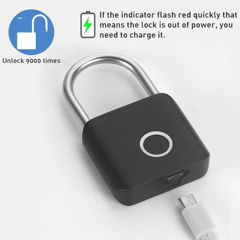 Smart Fingerprint Padlock Keyless Waterproof Zinc Alloy Biometric Padlocks USB Charging Fingerprint Lock Anti-theft Door Lock