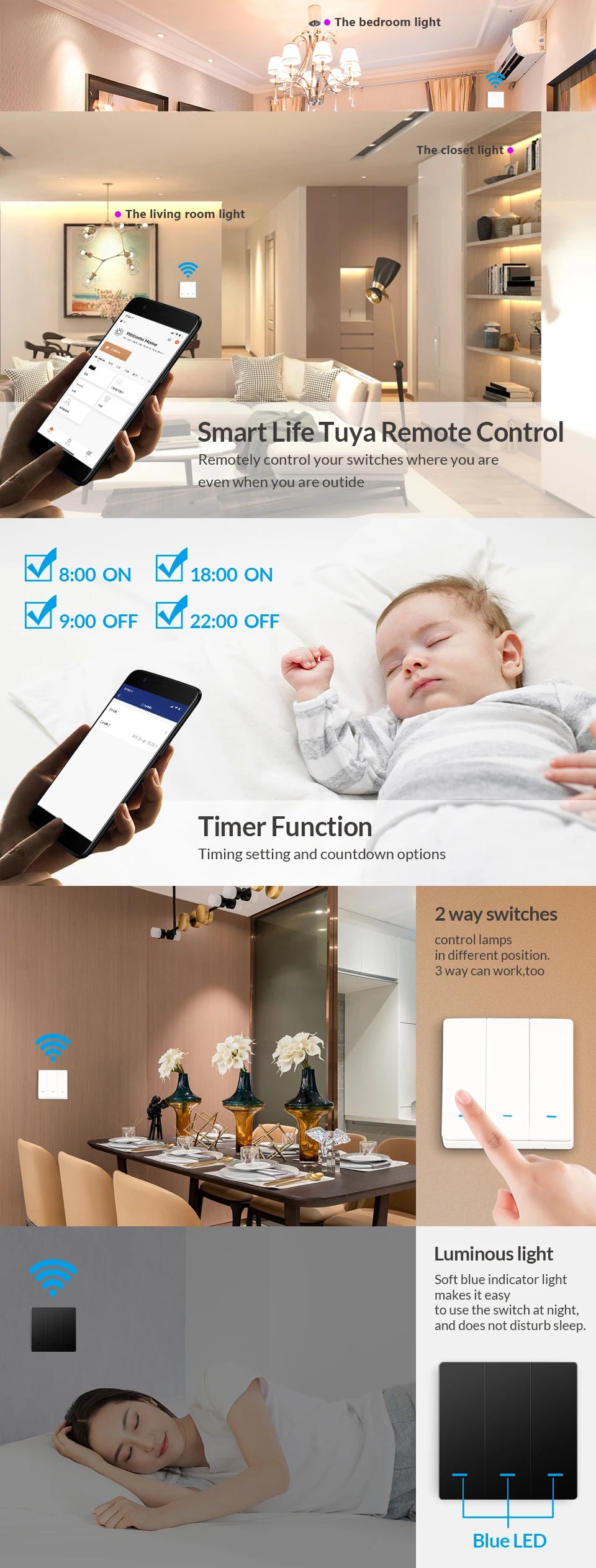 Tuya Zigbee Push Button Smart Switch EU UK Light Switches No Neutral Required Alexa Google Home Automation  Zigbee2MQTT 2/3 Way