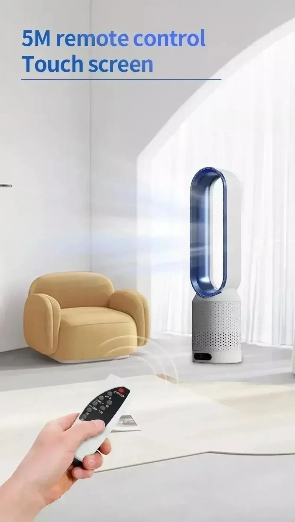 Smart Bladeless Fan with Remote Control 8 Gear Wind Speed Intelligent Timing 90° Oscillating Quiet Cooling Fan for Home Office