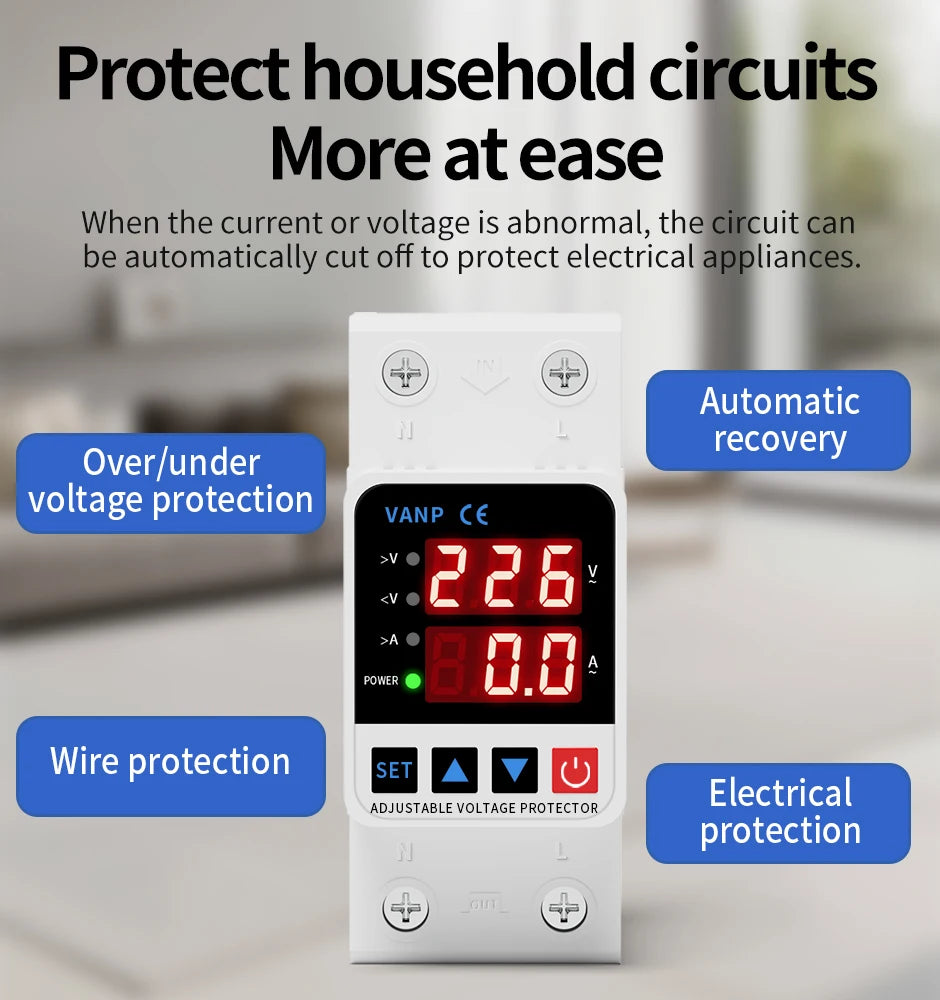 GTRIC Over Under Voltage Protector Adjustable Over Voltage 63A 220VAC Din Rail Under Voltage Protection Device Protector Relay