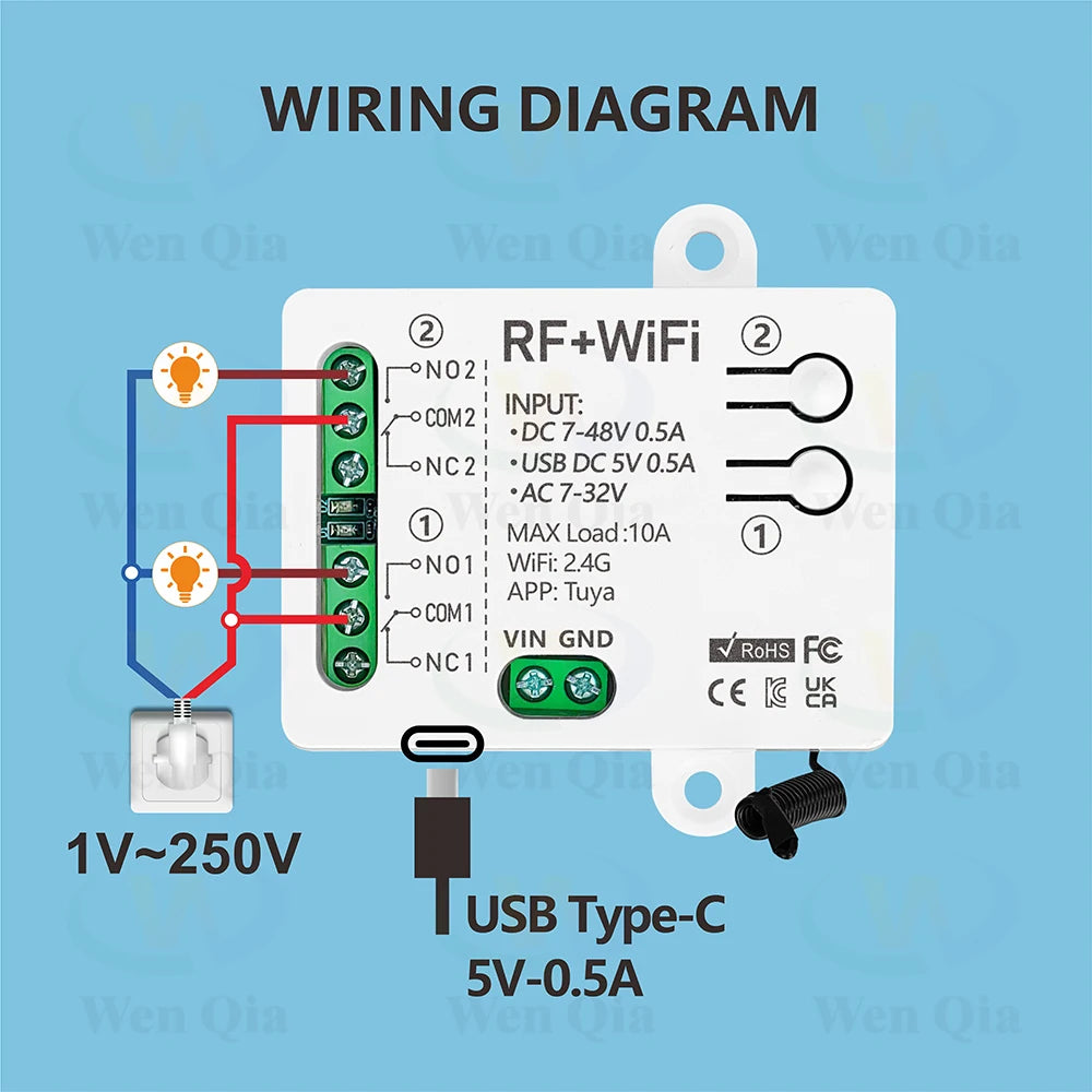 2CH Smart Light Switch Tuya,WiFi & RF Remote Control Module,USB 5V DC 12V 24V 48V,work with Alexa Google Home,for Lamp Fan Motor