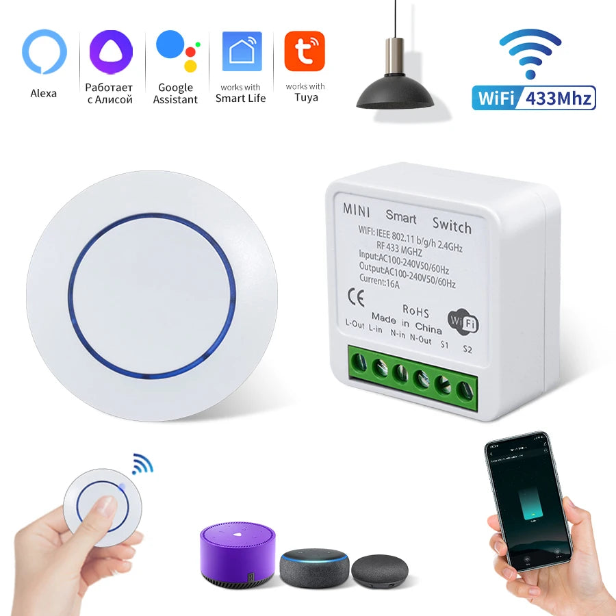 16A Tuya Smart WiFi Switch Receiver RF 433Mhz Wireless Round Button Remote Intelligent Switch Alexa Google Home Smart Life APP