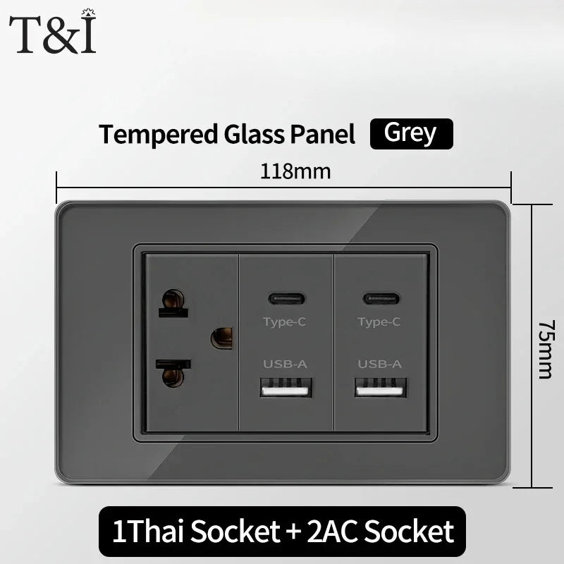 118*75mm TEMPERED GLASS SWITCH PANEL Wall Socket with USB Type - C, Grey US Switch, Thai Plug for Home & Office Use