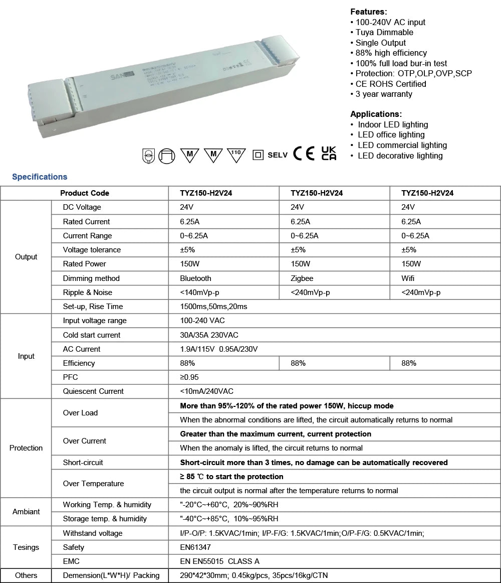 Tuya Zigbee Bluetooth Wifi Smart CCT Dimming Driver LED Strip Transformer, 24V 150W/250W Tunable White LED Switching Power Suppl