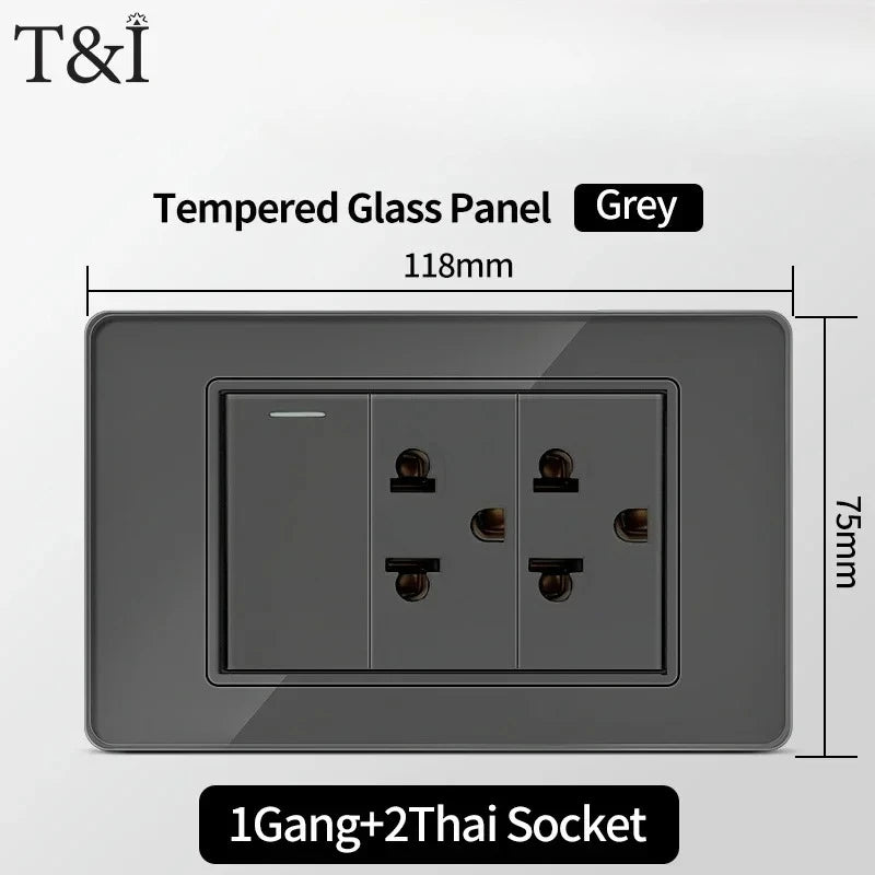 118*75mm TEMPERED GLASS SWITCH PANEL Wall Socket with USB Type - C, Grey US Switch, Thai Plug for Home & Office Use