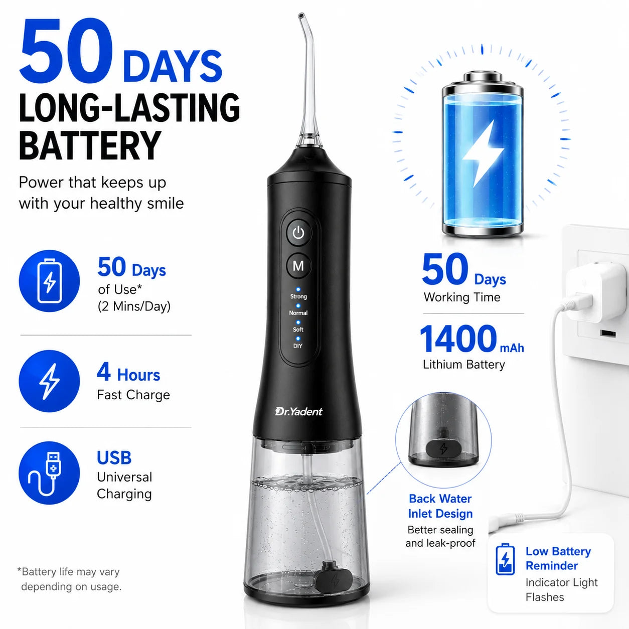 Dr Yadent Water Flosser Oral Irrigator for Adults IPX7 300mL Portable Dental Cleaner with 4 Modes 7 Nozzles Type-C Oral Care