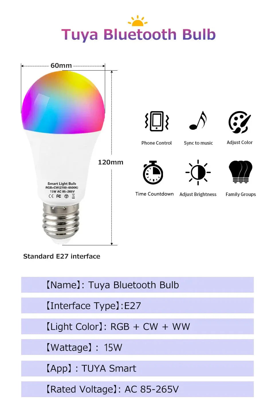 Tuya Smart WiFi LED Light Bulb E27 AC85-265V 12W 15W 18W Alexa Google Home Voice Control Smart Life APP RGB Color Changing Lamp