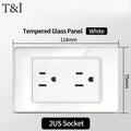 T&I 118*75mm Tempered Glass US Wall Socket White Thai USB Socket Plug with Dual USB Type-C Ports,Light Switch 110V