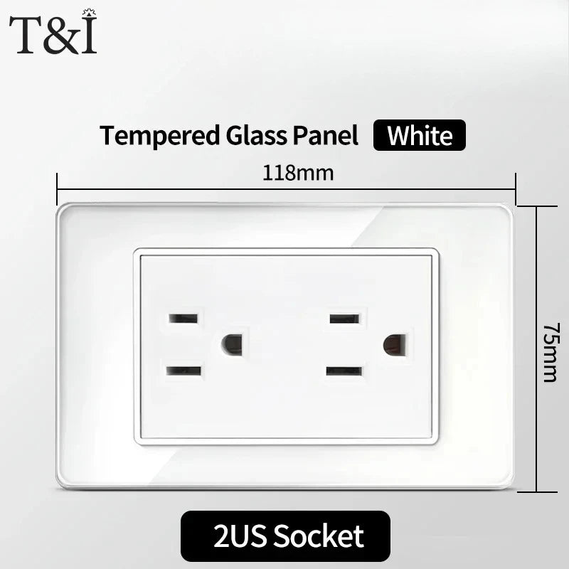 T&I 118*75mm Tempered Glass US Wall Socket White Thai USB Socket Plug with Dual USB Type-C Ports,Light Switch 110V