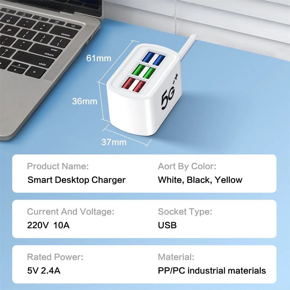6 in 1 Fast USB Charger Power Strip Desktop Fast Charging Station with 1m Cord USB Hub Adapter Socket for iPhone Home EU US Plug