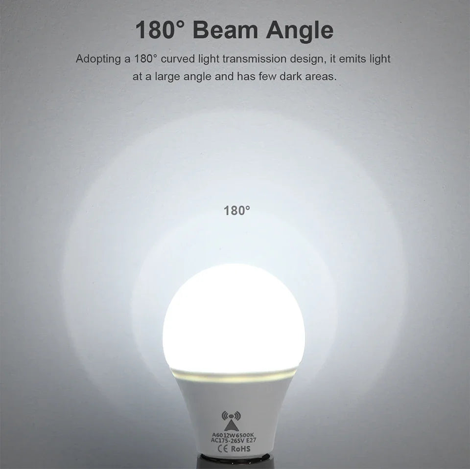 220V E27 12W LED Light Bulb Microwave Radar Motion Detector Lamp with Light Sensor, Auto On/Off for Home Stair Hallway