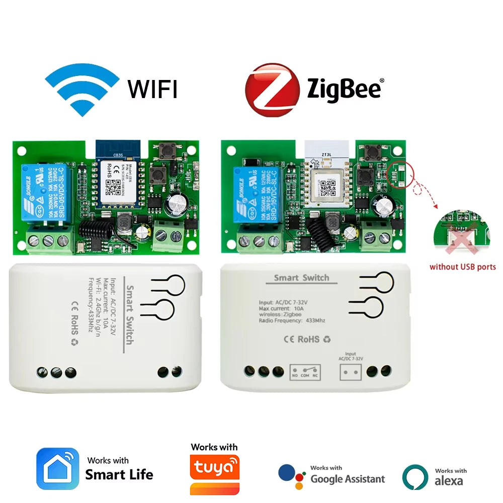 1CH Zigbee/WIFI Smart Relay 12V 24V 220V Dry Contact NO/NC/COM Module Timer Inching Switch for Light/Motor,Works with Tuya Alexa