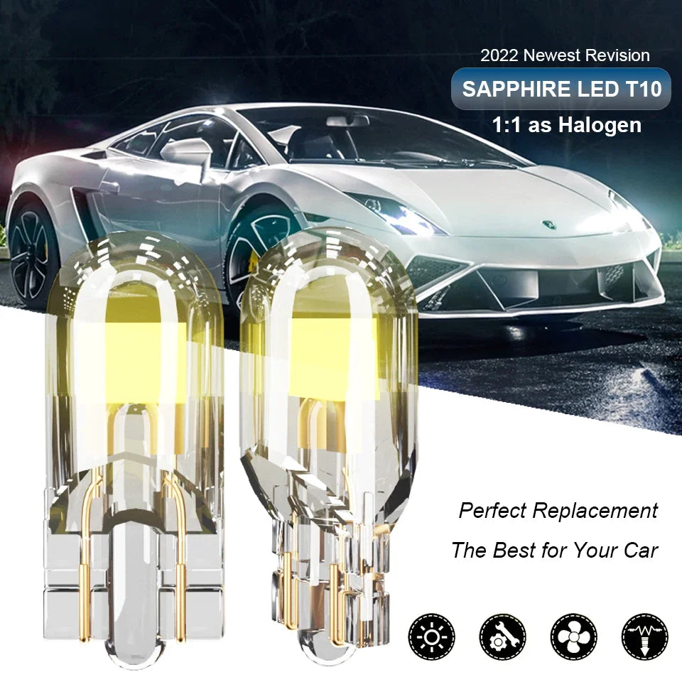 2x T10 LED W5W Car Light 2022 Newest Sapphire COB Glass Lamp Bulb Auto Accessories Drive-free Wedge Turn Door Reading 12V 6000K