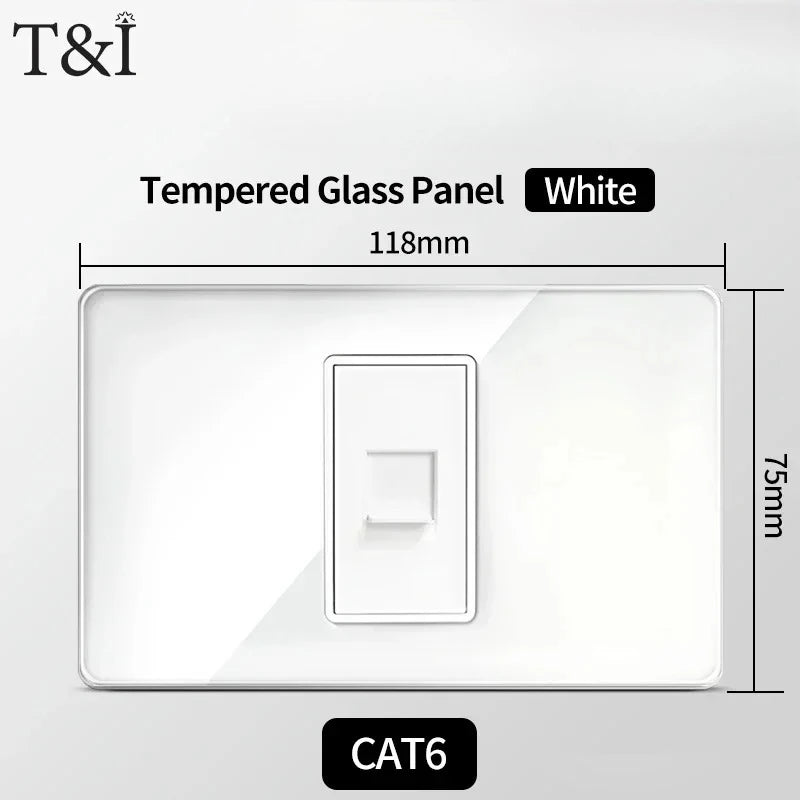 T&I 118*75mm Tempered Glass US Wall Socket White Thai USB Socket Plug with Dual USB Type-C Ports,Light Switch 110V
