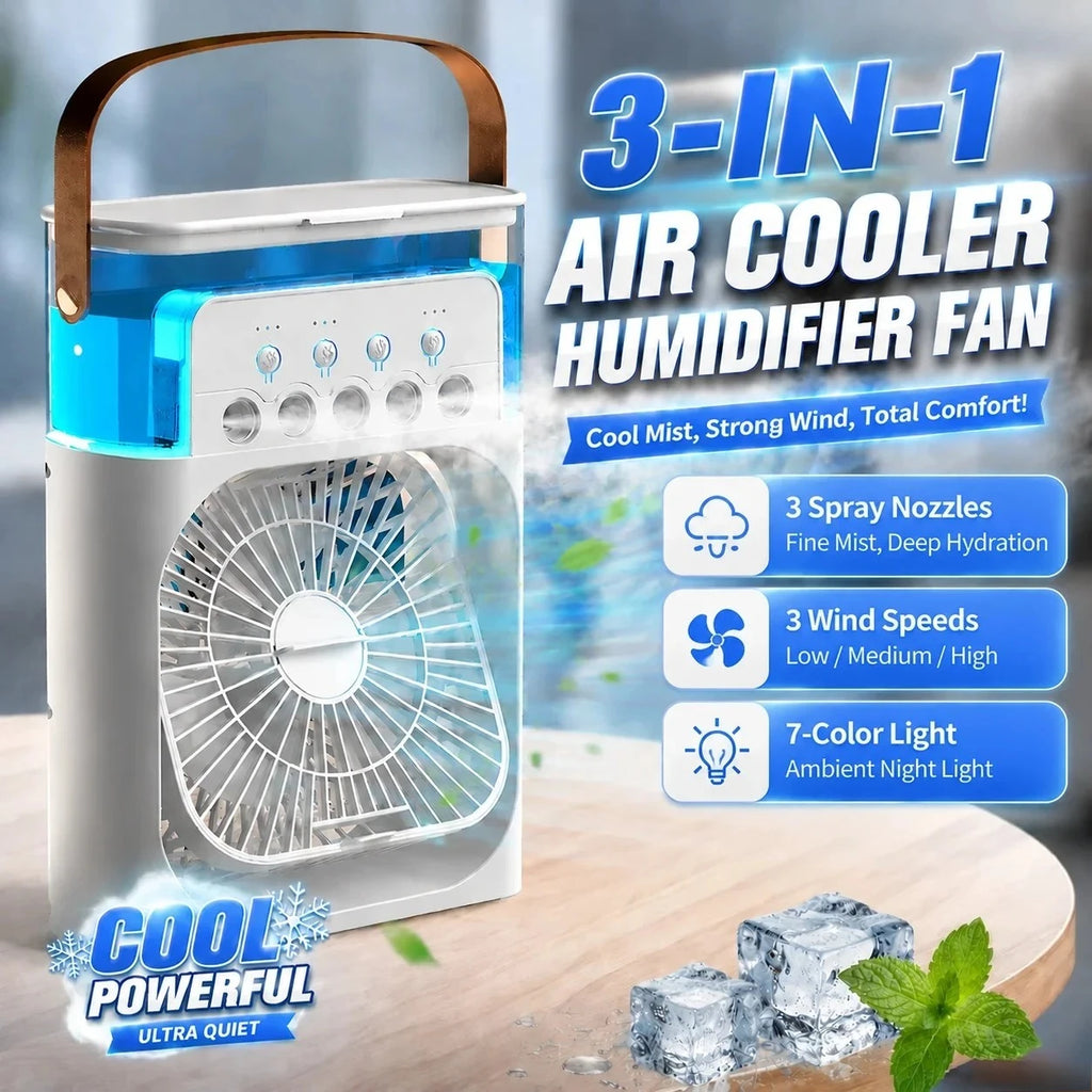 Three-in-one Fan Air Conditioner LED Light Portable Humidifier Air Conditioner Fan 3/4 Wind Speed Outdoor Travel Water Spray Fan