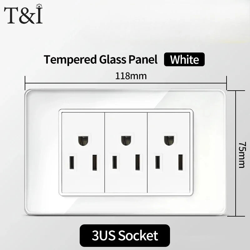 T&I 118*75mm Tempered Glass US Wall Socket White Thai USB Socket Plug with Dual USB Type-C Ports,Light Switch 110V
