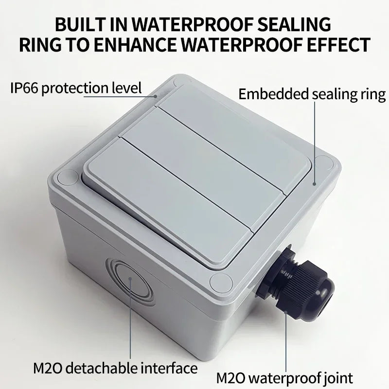 IP66 Rated Outdoor Wall Switch - 16A Weatherproof Push Button, 1/2/3 Gang for Home, Garden & Exterior Electrical Applications