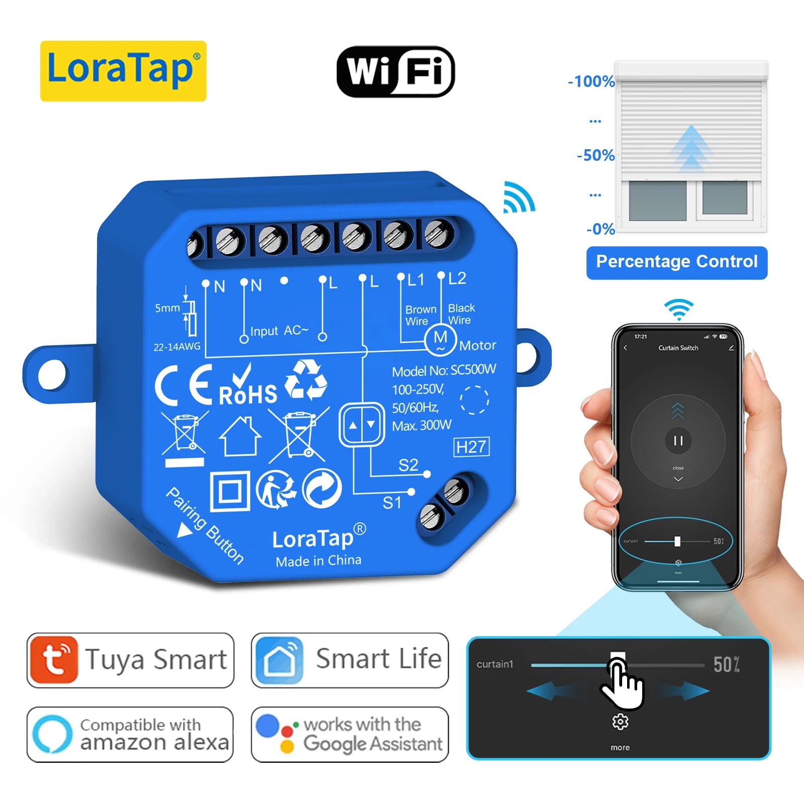 Wireless Roller Shutter Blinds Switch for Tubular Motors Percentage Progress Tuya Smart Life App Remote Control Google Assistant