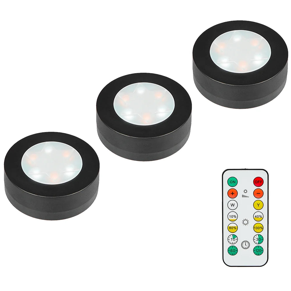 1-6Pcs Black CCT Round LED Under Cabinet Closet Light Furniture Dimmable Wardrobe Lamp Warmwhite White 3000-6500K Remote Control
