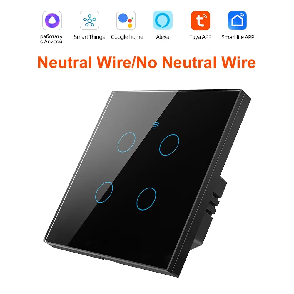 WiFi RF 433mhz Touch Wall Light Smart Switch 1 2 3 4 Gang Wireless Switch 220V with no Neutral EU Work Witch Tuya Alexa Google