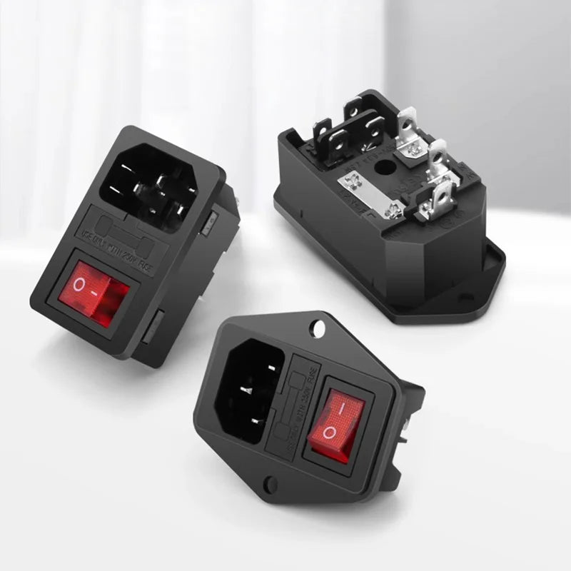 C13 C14 Electrical Power Socket Computer Mount Outlet 3 Pin IEC320 LED Rocker Switch Brass 10A Fuse Inlet Plug Connector 250v