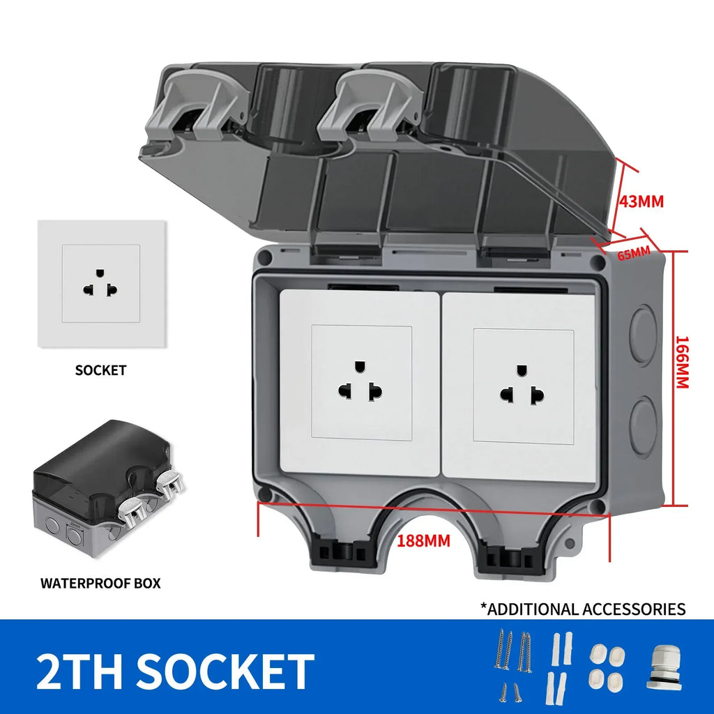 EU Socket IP66 Weather Dustproof Outdoor Plug Wall Socket Outlet Double Socket for Garden Garage Use Waterproof Box