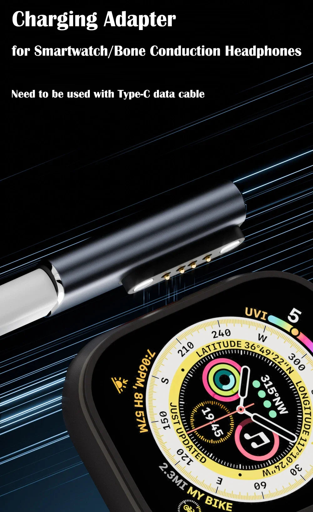 Suitable for Shokz devices bone transfer headset/smart watch charging adapter USB-C to 7.62MM 2-pin/4-pin magnetic charging port