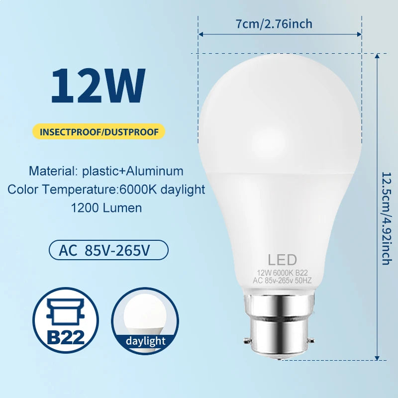 B22 9W 12W LED Bulb Energy Saving AC85-265V LED Lamp Bulb for Living Room Home Kitchen Garage Indoor