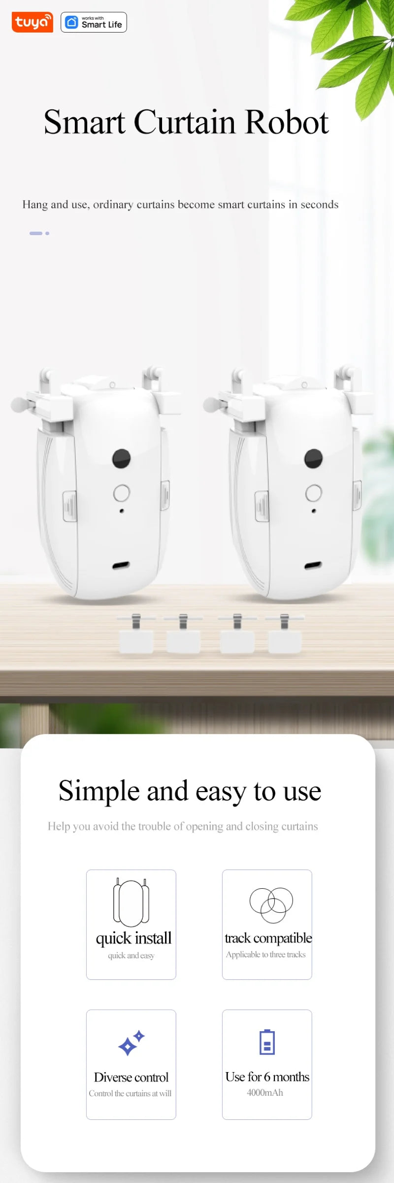 Tuya Smart WiFi Curtain Robot (with Gateway), APP Remote Control, Voice Control, Included Accessories for T/U Curtain Tracks