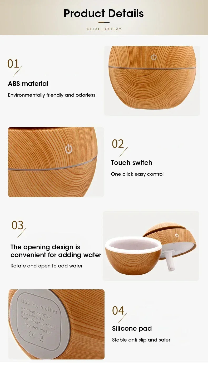 Mini Woodgrain Ultrasonic USB Humidifier and Essential Oil Diffuser Portable Desktop Aromatherapy for Home Office Use