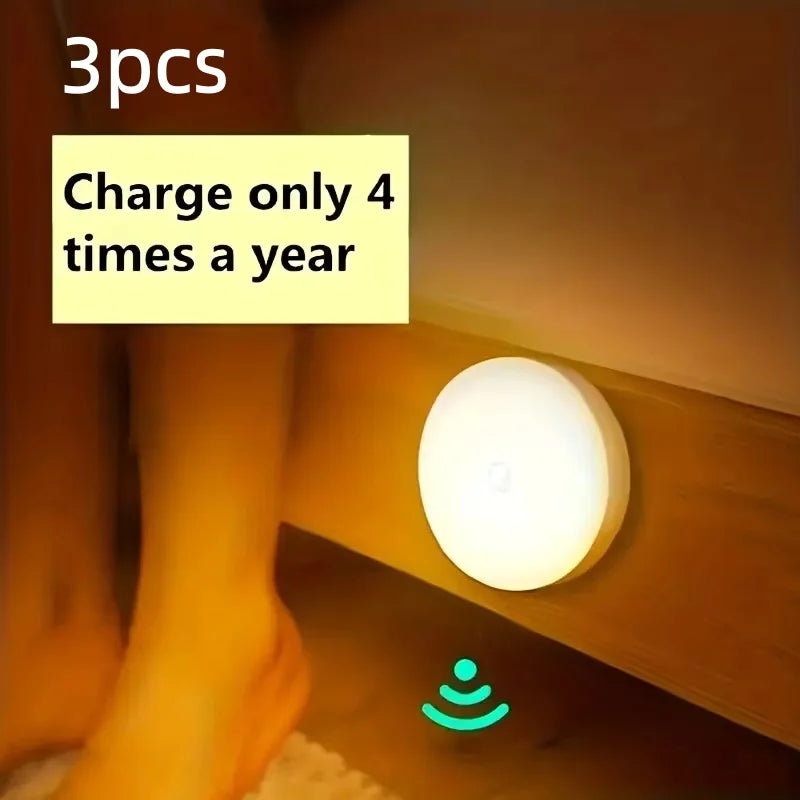 3pcs Motion Sensor Night Light - Wireless LED Detector Lamp for Bedroom, Staircase, Closet, and Room Decor-