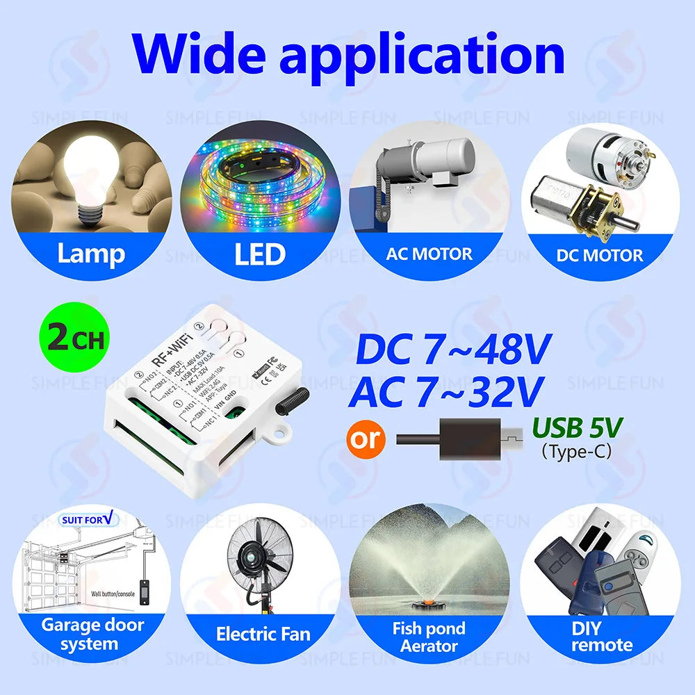 Tuya WiFi RF433mhz Motor Remote Control Switch 2 CH DC 12V 24V DIY Switch/Garage Door Opener/Motor,Work with Alexa Google Home