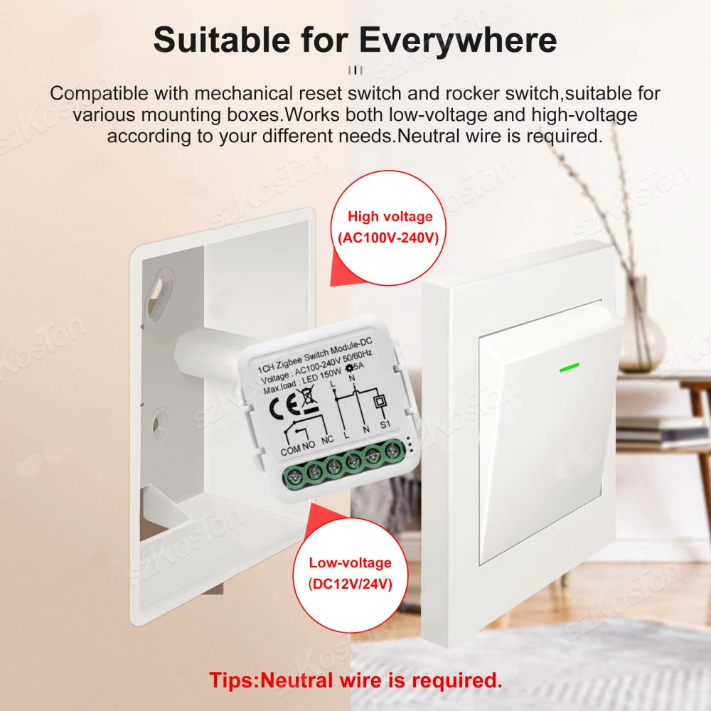 Tuya ZigBee3.0 WiFi Smart Switch Module DC 12/24V AC 100-240V Dry Contact Smart Home 5A Breaker Relay Works with Alexa Google
