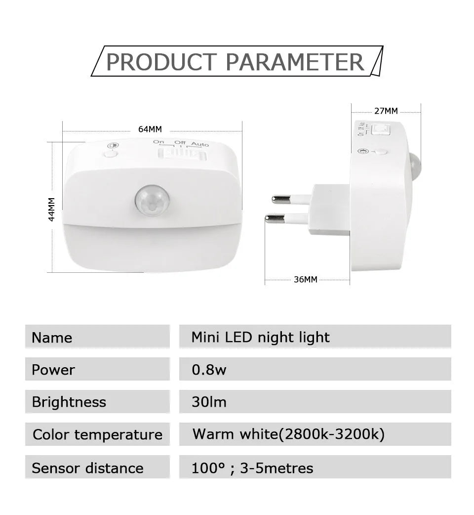 Wireless LED Motion Sensor Night Light Plug In Motion Detector Bedroom Staircase Closet Bedside Night Lamp 220V Battery Powered