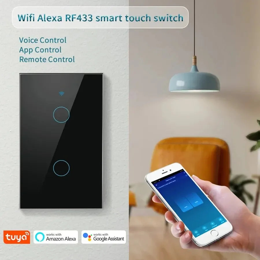 Tuya WiFi Smart Home Light Switch RF433 Neutral Wire/No Neutral Wire Required US Wall Touch Switches Support Alexa Google Home