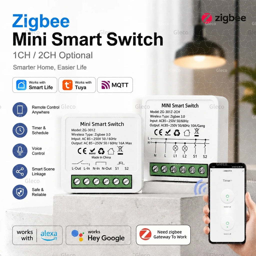 Zigbee Tuya Smart Switch Smart Life 10A/16A 1/2CH DIY Relay Breaker 2 Way Control For Alexa Google Home Assistant 2MQTT Gateway