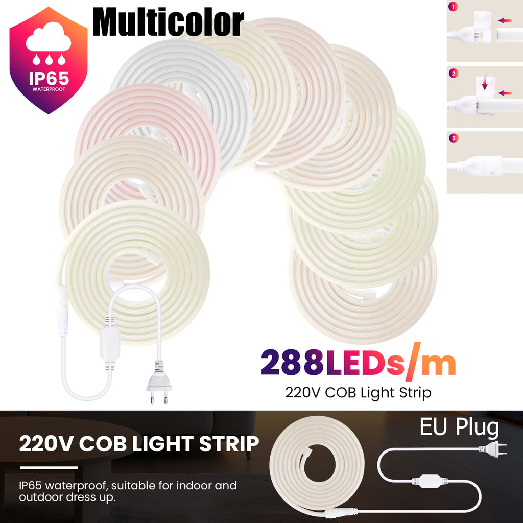 220V COB Led Strip EU Plug Warm White Red Blue Green Pink 288LEDs/m IP65 Waterproof Flexible Neon Light for Kitchen Room Garden