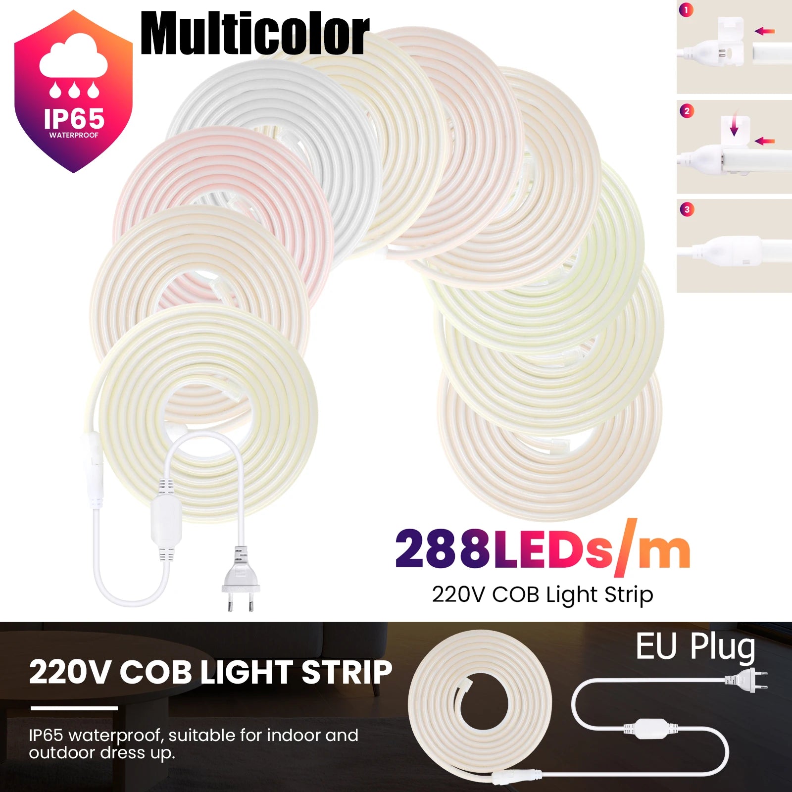 220V COB Led Strip EU Plug Warm White Red Blue Green Pink 288LEDs/m IP65 Waterproof Flexible Neon Light for Kitchen Room Garden