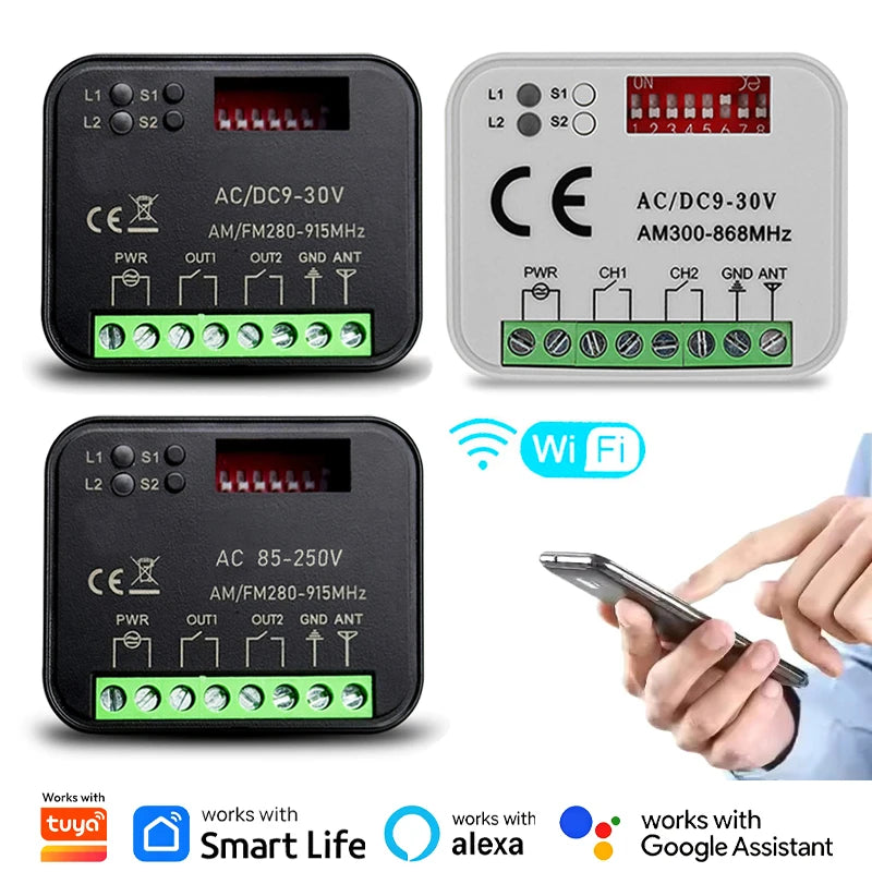 Work With Tuya WiFi Switch Universal RX-MULTI Garage Door Gate Remote Control Receiver Smart Controller 300-868MHz 9-30V 85-250V