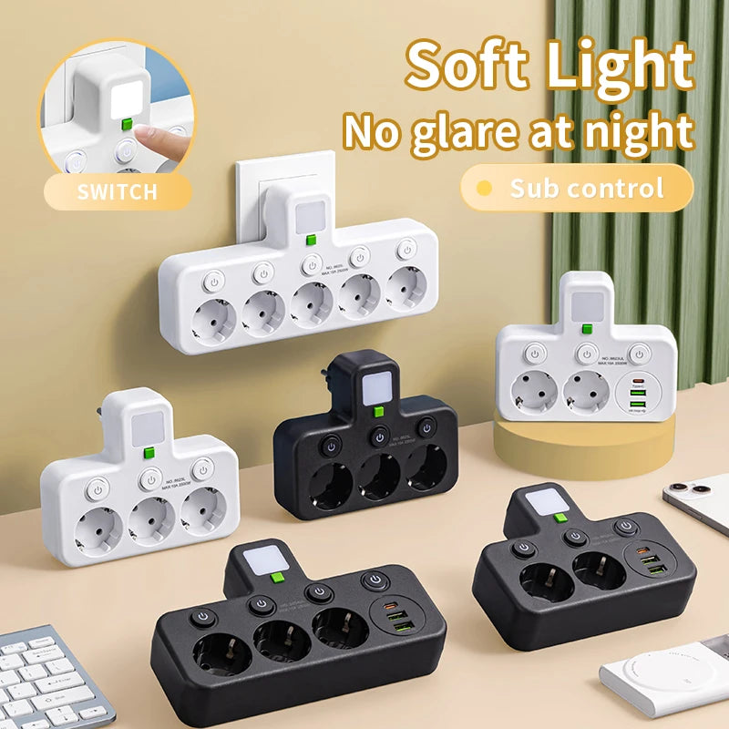 5-Sockets Electrical Socket EU Socket Plug Outlet No Extension Cord With or without it USB Type-C Ports Two specifications