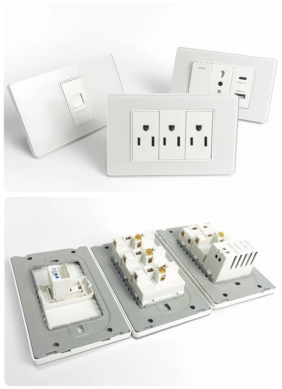 118*75mm TEMPERED GLASS SWITCH PANEL Wall Socket with USB Type - C, Grey US Switch, Thai Plug for Home & Office Use