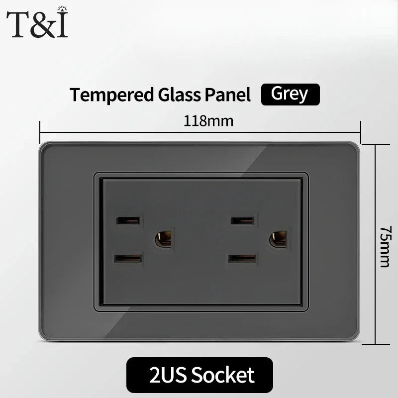 118*75mm TEMPERED GLASS SWITCH PANEL Wall Socket with USB Type - C, Grey US Switch, Thai Plug for Home & Office Use